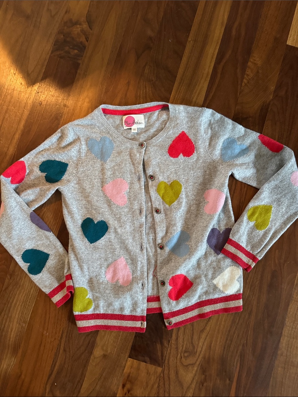 Mini Boden Gray Cardigan with Multicolor Hearts